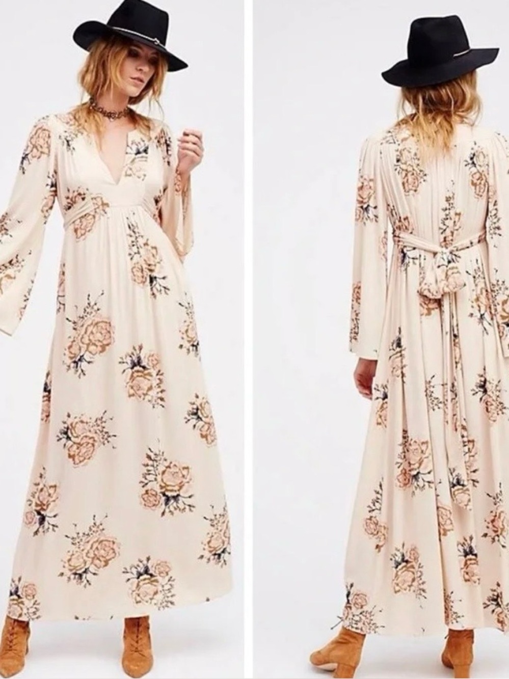 Free People Wild Laurel Cream Multi Floral Boho Maxi Dress SZ L EUC